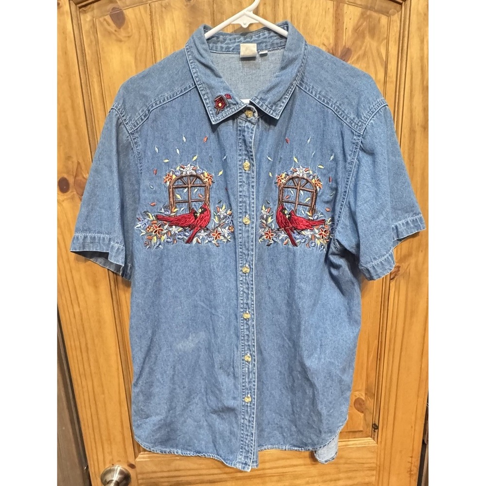 Vintage A&A Denim Shirt L Embroidered Cardinals Birds Floral Cottagecore